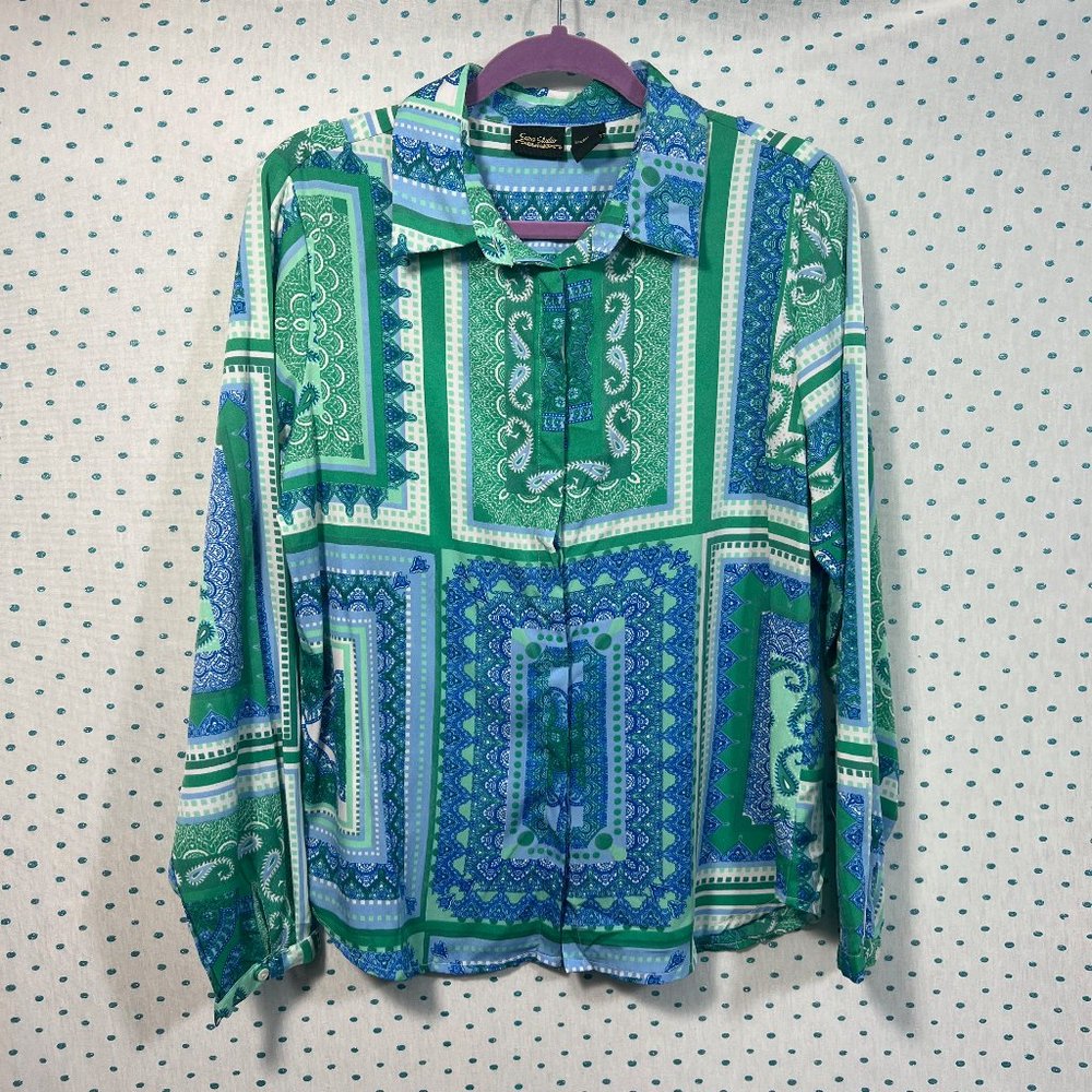 Sara Studio Blue & Green Paisley Print Long Sleeve Button Up Shirt